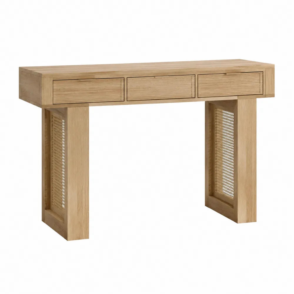 Table console 3 tiroirs en MDF plaqué chêne clair et cannage rotin naturel 120 x 35 x 80 cm