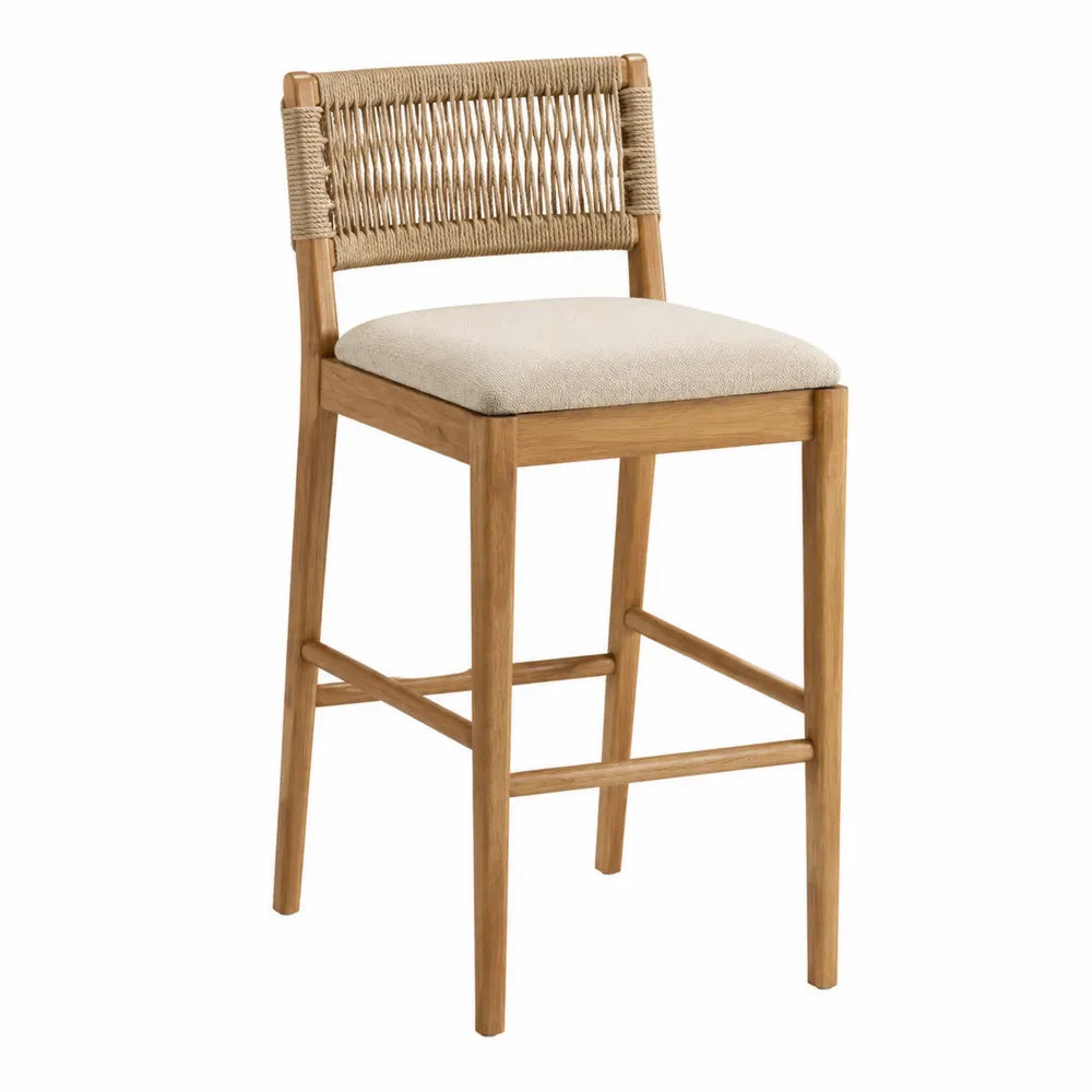 Tabouret de bar avec dossier en cannage rotin 48 cm x 52 cm x 95 cm bois massif et assise polyester beige