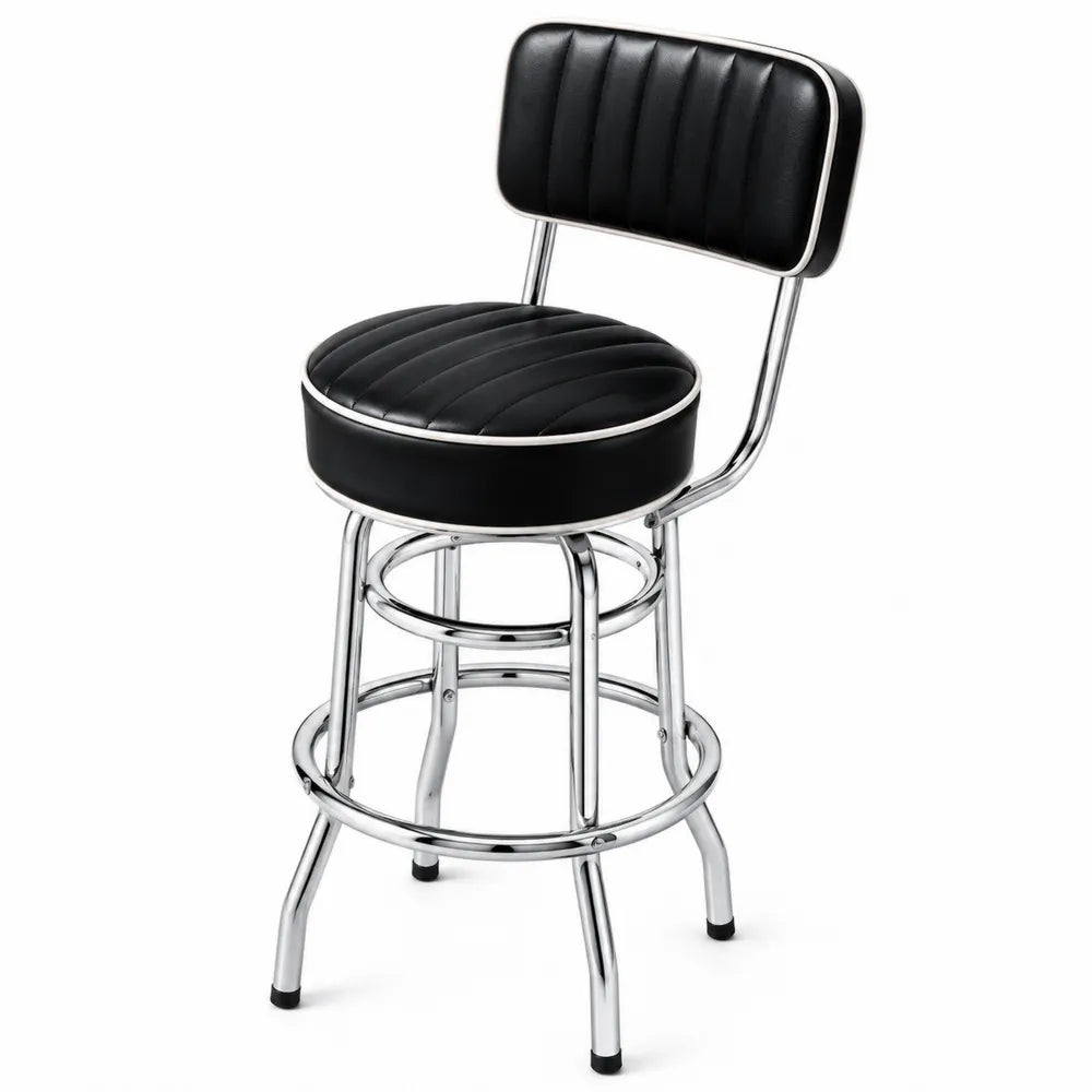 Tabouret de bar pivotant avec dossier en PVC noir et structure en acier chromé assise ronde 48 cm x 52 cm x 107 cm