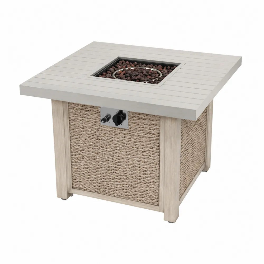 Table brasero extérieur à gaz carrée avec plateau en aluminium et résine tressée 105 x 105 x 65 cm