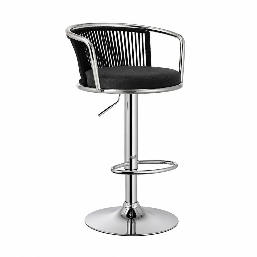 Tabouret de bar réglable pivotant avec dossier en corde noire et assise rembourrée noire base en acier chromé 45 cm x 45 cm x 85-105 cm