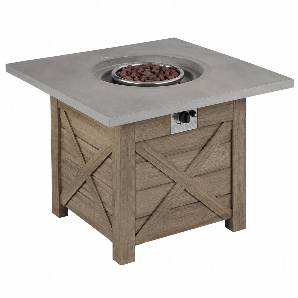 Table brasero d'extérieur carrée à gaz propane en composite ciment gris et base effet bois 107 x 107 x 62 cm avec brûleur central