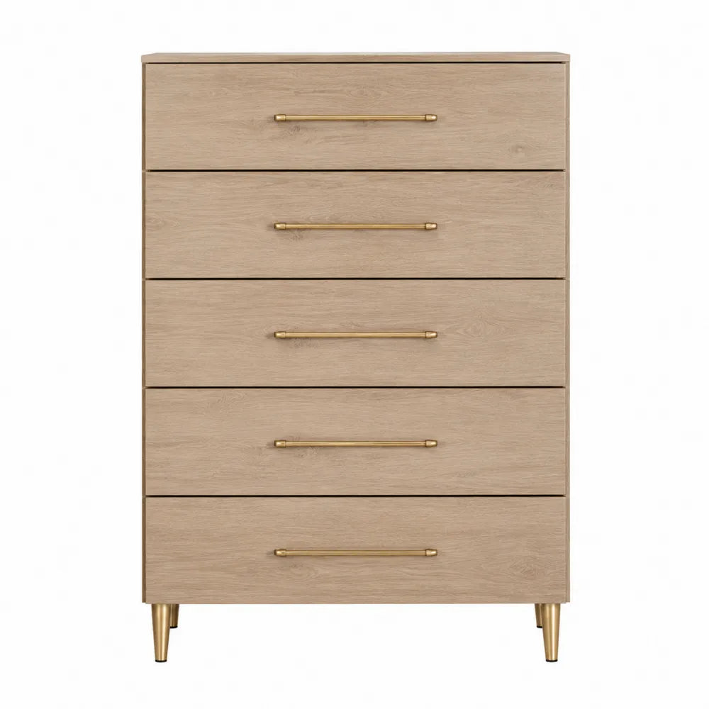 Commode verticale 5 tiroirs en panneaux de particules mélaminés effet chêne clair structure acier doré 80 cm x 40 cm x 110 cm