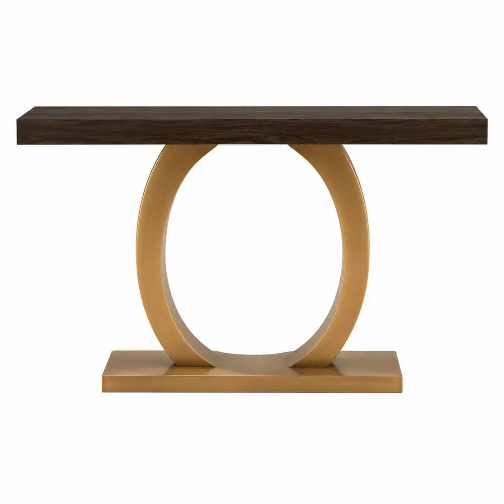Table console rectangulaire en bois effet noyer foncé structure métal doré 120 x 35 x 80 cm