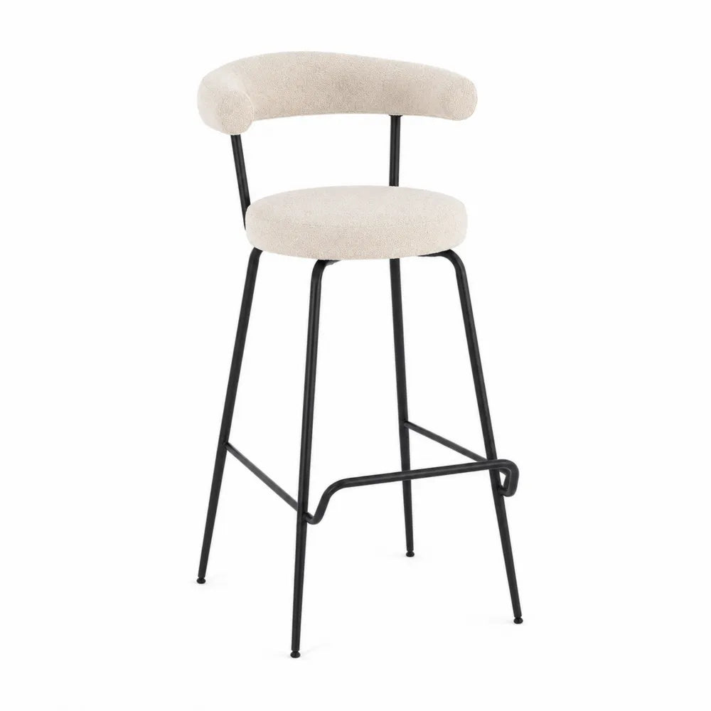 Tabouret de bar avec dossier demi-lune en bouclette beige structure acier noir 50 x 53 x 101 cm hauteur d’assise 75 cm