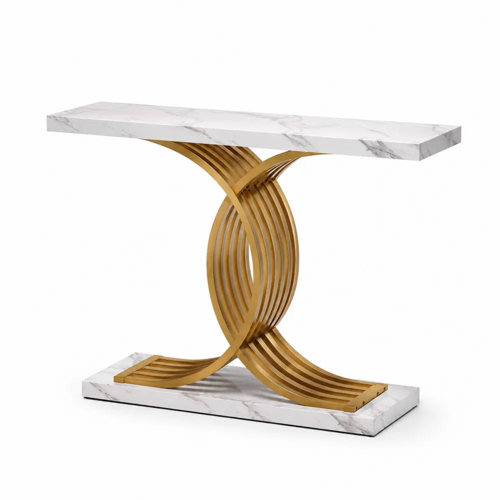 Table console rectangulaire 120 x 35 x 80 cm en MDF effet marbre blanc et acier doré
