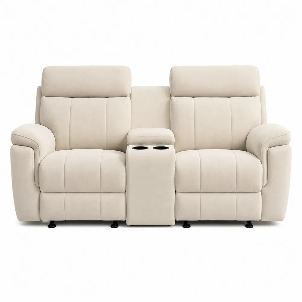 Canapé 2 places inclinable avec console et porte-gobelets en polyester beige et structure acier noir 190 x 95 x 102 cm