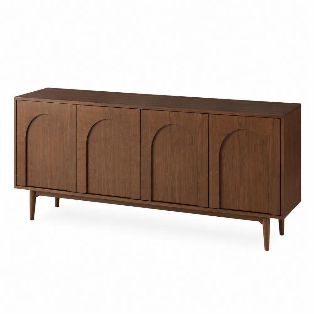 Buffet bas en panneau mélaminé noyer brun 4 portes façade relief arqué pieds coniques 180 cm x 40 cm x 78 cm