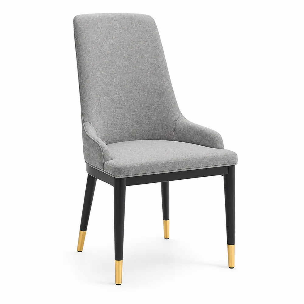 Chaise de salle à manger rembourrée en tissu polyester gris pieds en acier thermolaqué noir embouts dorés 54 cm x 60 cm x 94 cm