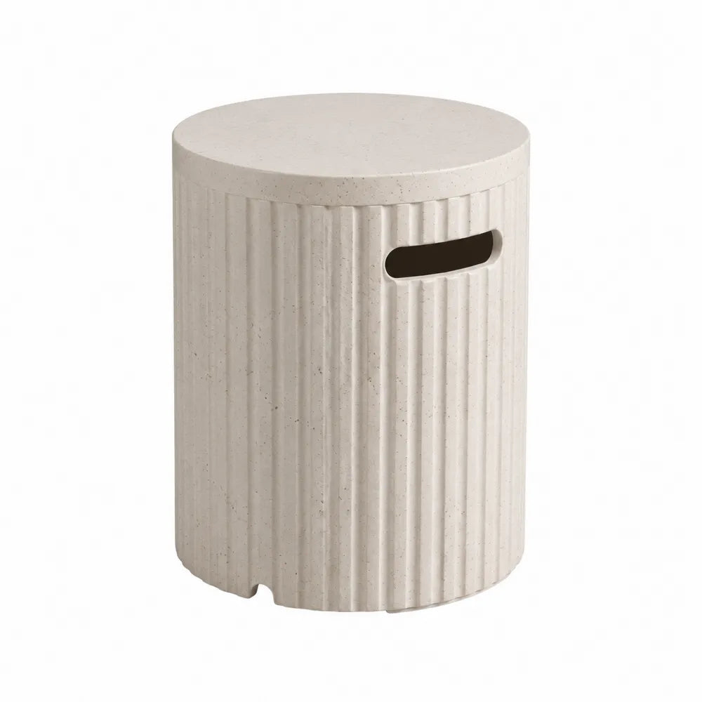 Table d’appoint extérieure ronde en composite minéral MGO beige 40 x 40 x 45 cm avec rainures verticales et poignée intégrée