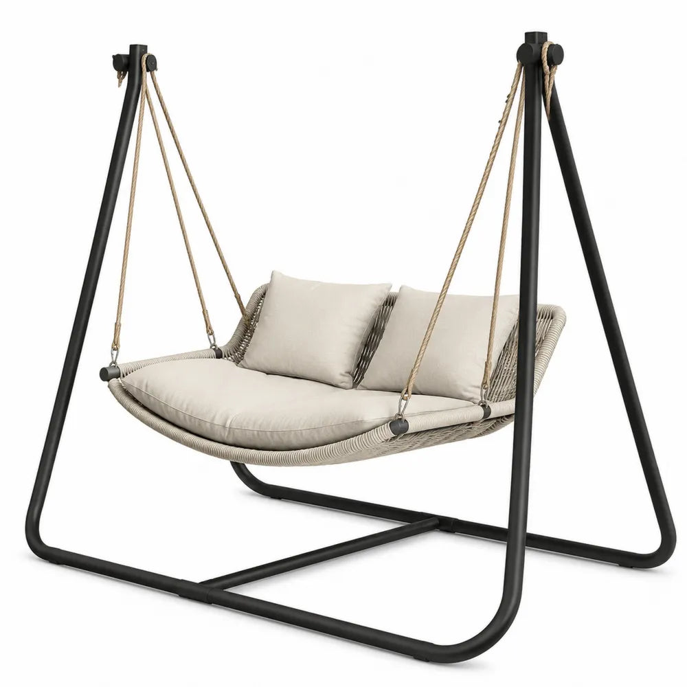 Hamac de jardin suspendu 2 places avec support en acier thermolaqué noir 190 x 120 x 180 cm en corde polyester beige avec coussins écru