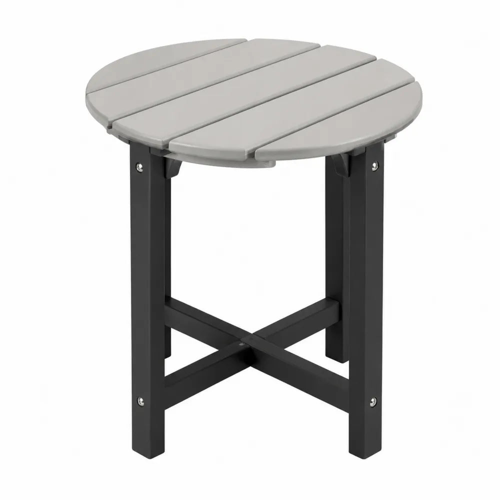 Table d’appoint extérieure ronde en plastique PEHD gris et acier noir 50 x 50 x 46 cm