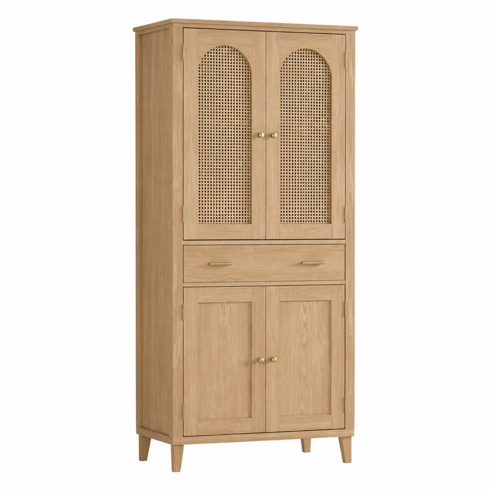 Armoire buffet de cuisine 80 x 40 x 180 cm en MDF décor chêne naturel avec cannage rotin 4 portes 1 tiroir