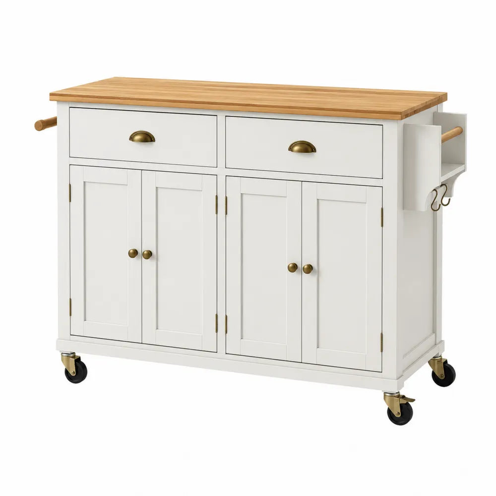 Buffet de cuisine roulant 118 cm x 46 cm x 91 cm en MDF blanc avec plateau en bois naturel et rangements multiples