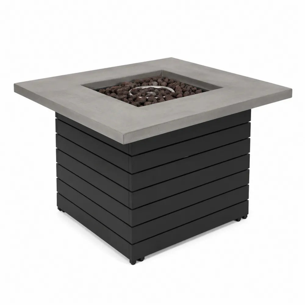 Table brasero d’extérieur carrée à gaz en composite ciment gris et acier noir 86 x 86 x 62 cm