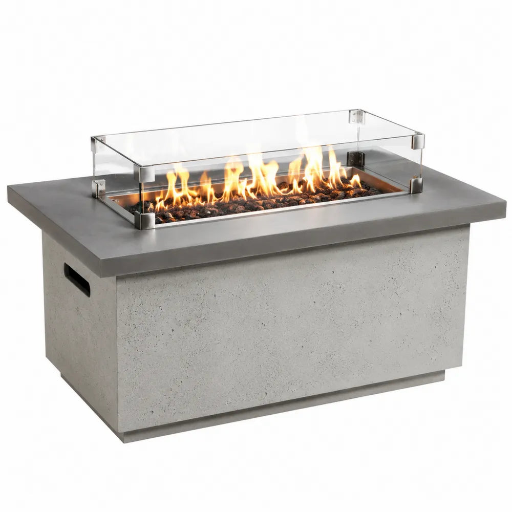 Table brasero extérieure à gaz rectangulaire en béton composite gris avec pare-vent en verre trempé 112 x 56 x 64 cm avec pierres de lave