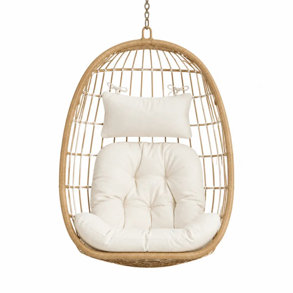 Fauteuil suspendu œuf en rotin naturel coussins polyester crème 90 x 70 x 120 cm chaîne métal bronze