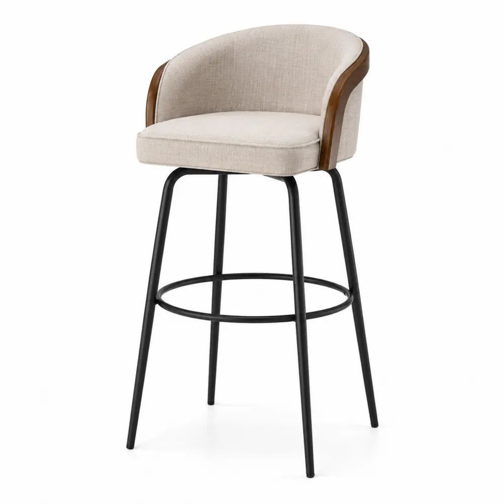 Tabouret de bar avec dossier en tissu beige et structure en acier noir avec accoudoirs finition bois naturel 52 x 54 x 98 cm