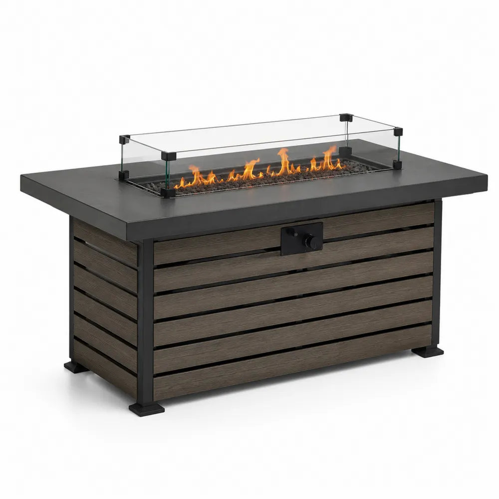 Table brasero rectangulaire à gaz propane acier thermolaqué noir et panneaux WPC brun verre trempé 140 cm x 70 cm x 65 cm