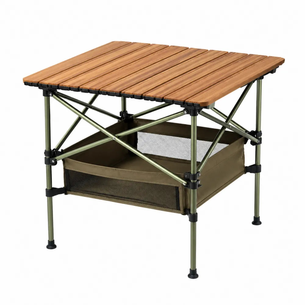 Table de jardin pliante carrée en bambou massif et aluminium vert olive 70 x 70 x 70 cm avec rangement inférieur