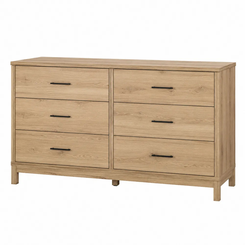 Commode 6 tiroirs 140 x 40 x 78 cm en panneau mélaminé chêne clair avec poignées noires structure MDF