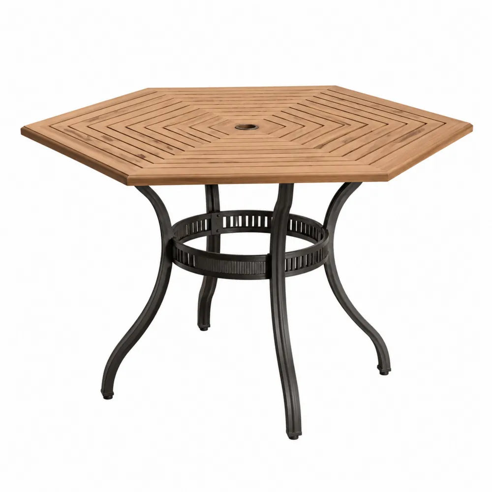 Table de jardin hexagonale en bois naturel avec structure acier noir trou parasol dimensions environ 120 x 120 x 74 cm