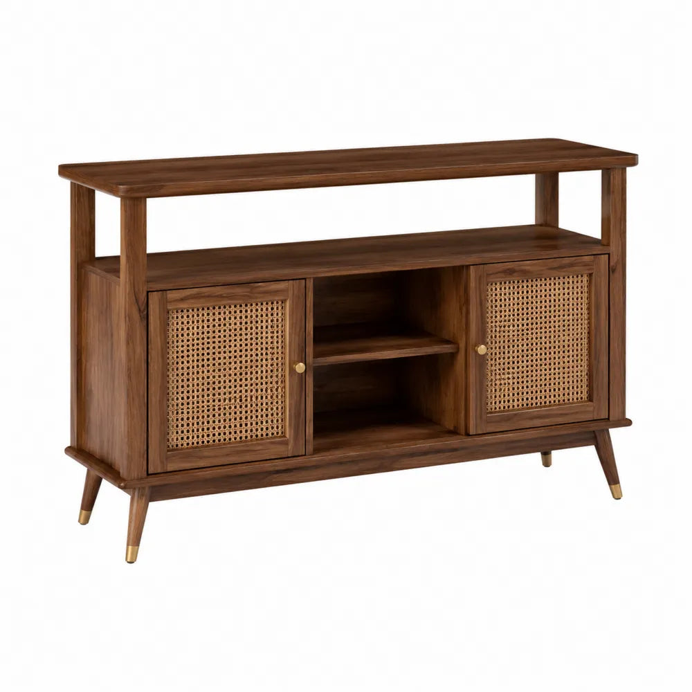 Buffet bas 2 portes en rotin cannage MDF plaqué noyer étagère ouverte pieds en hévéa massif 120 cm x 40 cm x 78 cm