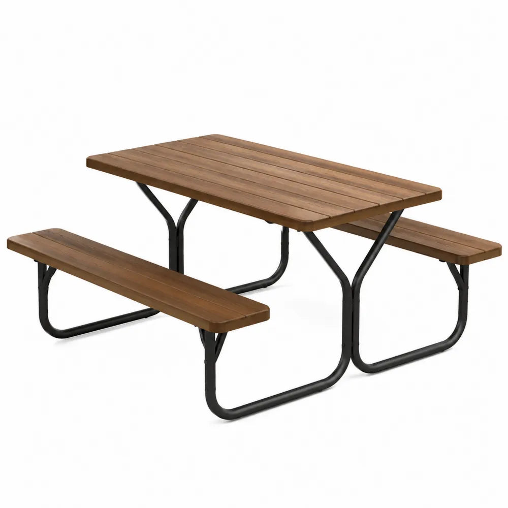 Table de pique-nique rectangulaire avec 2 bancs intégrés en bois naturel et acier noir