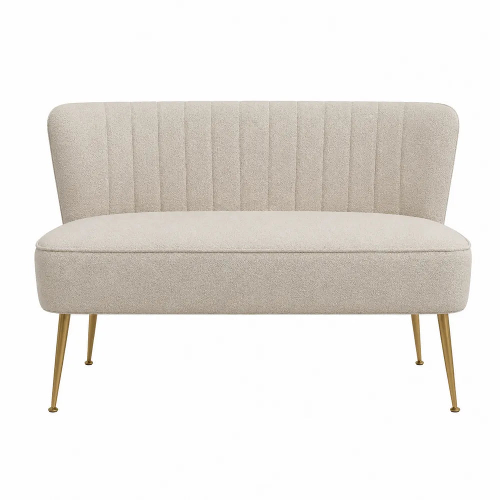 Canapé 2 places en polyester bouclé beige clair pieds en métal doré 130 x 70 x 82 cm