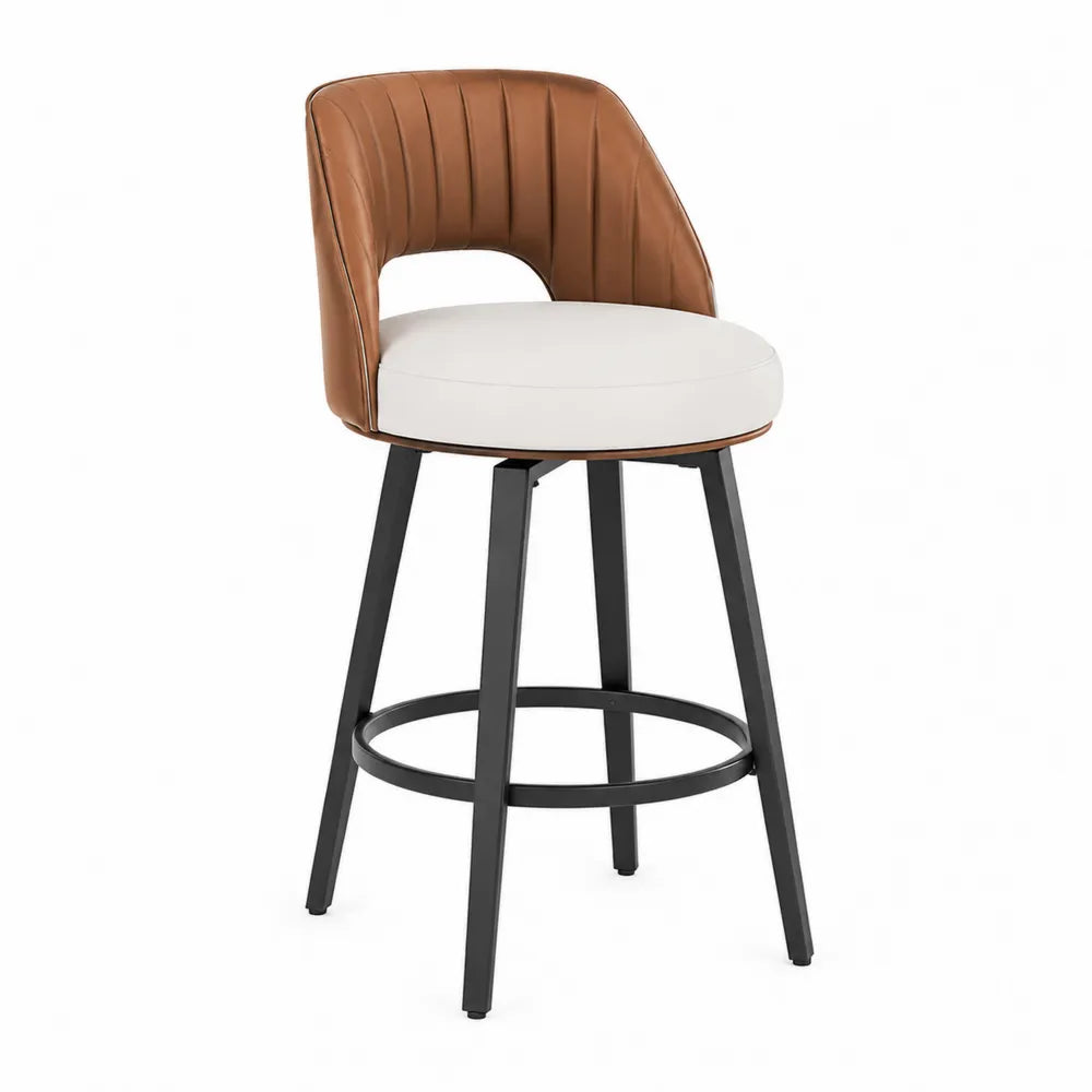 Tabouret de bar avec dossier en PU marron et assise rembourrée blanche structure en acier noir 50 x 52 x 98 cm