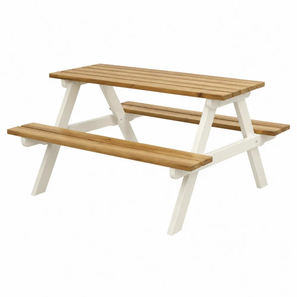 Table de pique-nique extérieure rectangulaire en bois d’acacia massif et structure blanche 150 x 140 x 72 cm avec bancs intégrés