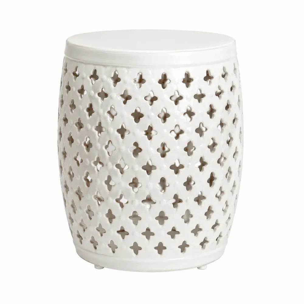 Table d’appoint extérieure cylindrique en céramique émaillée blanche ajourée motif floral 35 x 35 x 45 cm