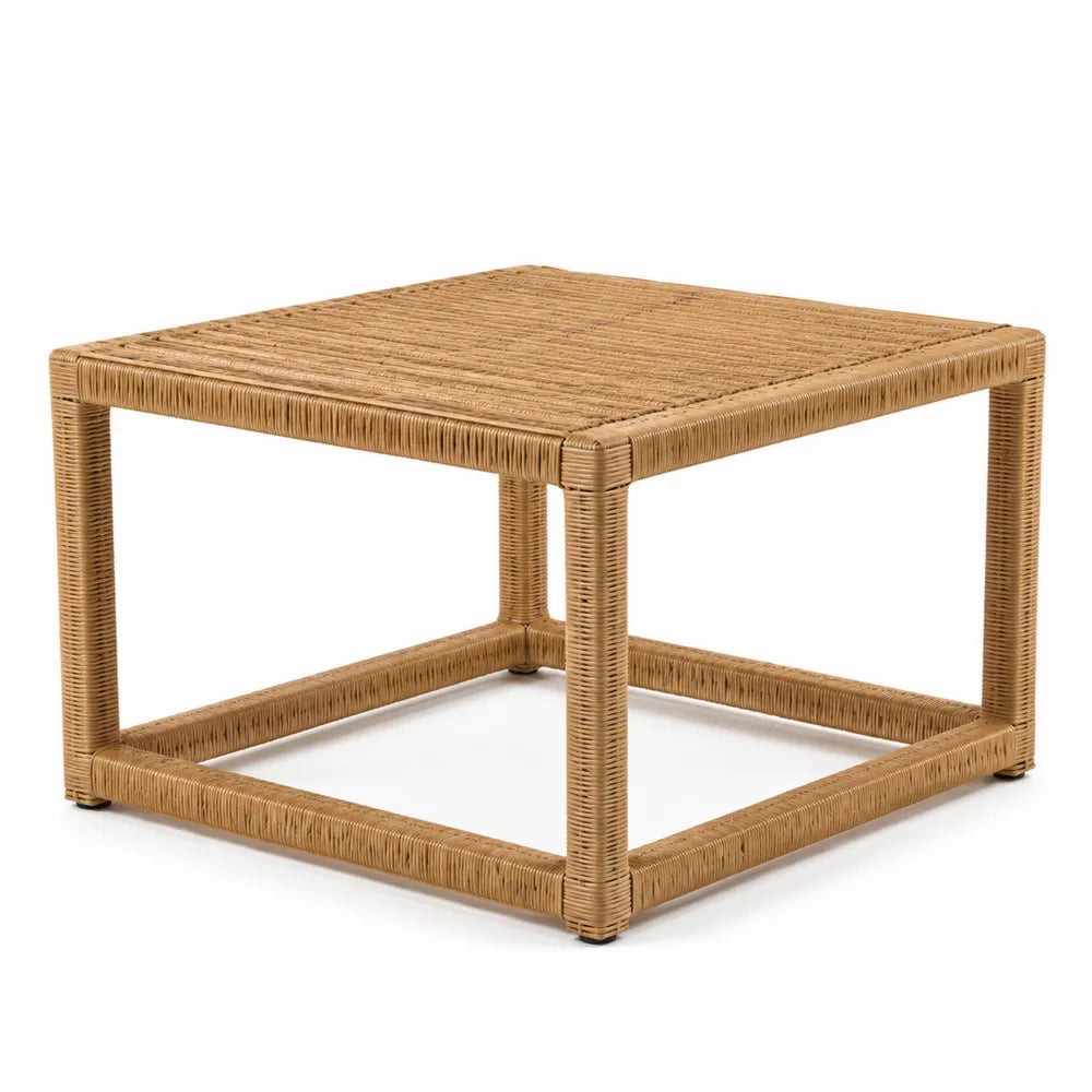 Table de jardin carrée en résine tressée PE imitation rotin naturel plateau tressé cadre acier 90 x 90 x 45 cm