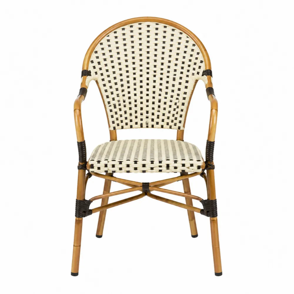 Chaise de salle à manger bistrot en bambou naturel avec accoudoirs assise tressée PE crème et noir 56 cm x 58 cm x 88 cm