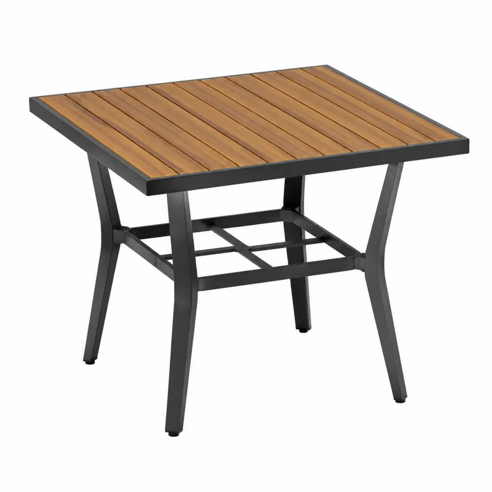 Table de jardin carrée en bois d’acacia massif et acier thermolaqué noir plateau à lattes 90 cm x 90 cm x 74 cm