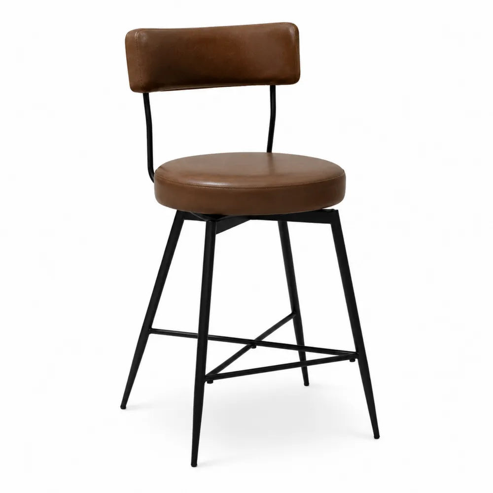 Tabouret de bar avec dossier en similicuir cognac et structure en acier noir 58 x 52 x 98 cm