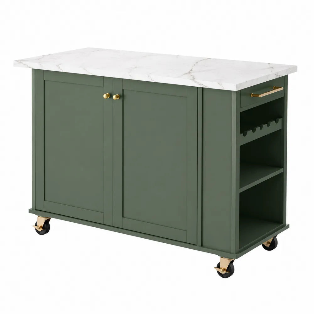 Îlot de cuisine roulant 120 x 45 x 90 cm en MDF vert sauge avec plateau effet marbre blanc et rangement intégré