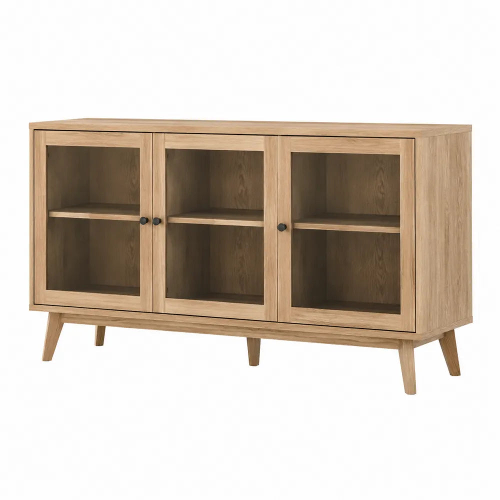 Buffet bas vitrine 3 portes en MDF plaqué chêne et verre trempé chêne naturel 140 cm x 40 cm x 80 cm