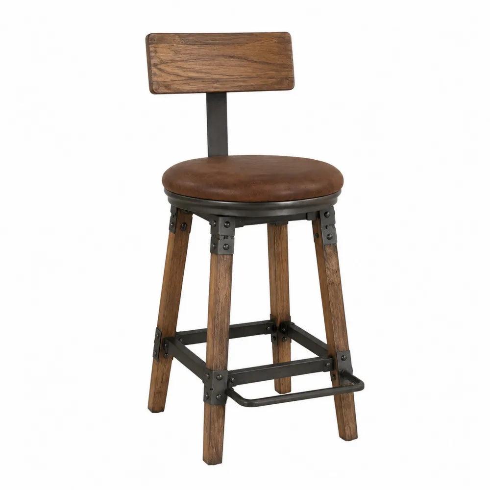 Tabouret de bar avec dossier en bois et assise en similicuir marron structure métal noir 45 cm x 50 cm x 100 cm