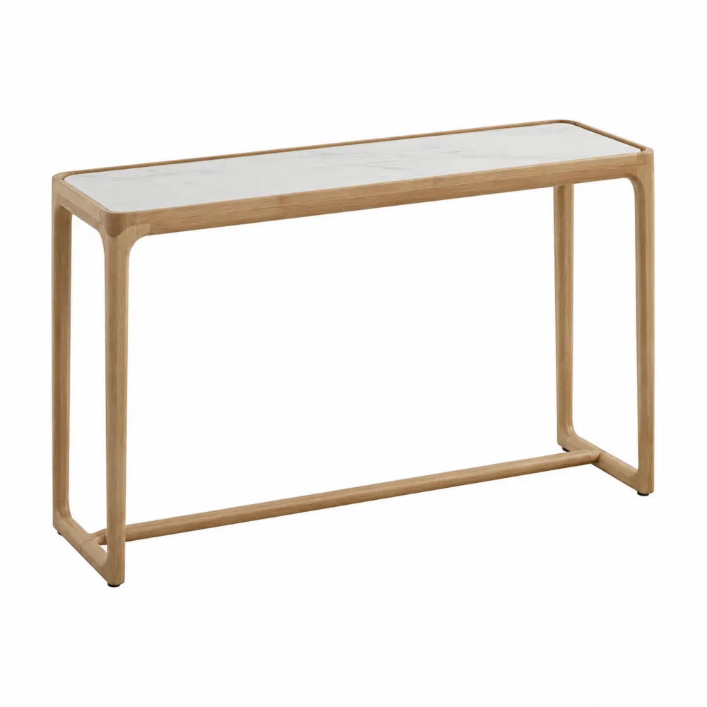 Console rectangulaire 120 x 30 x 80 cm en bois naturel et plateau effet marbre blanc