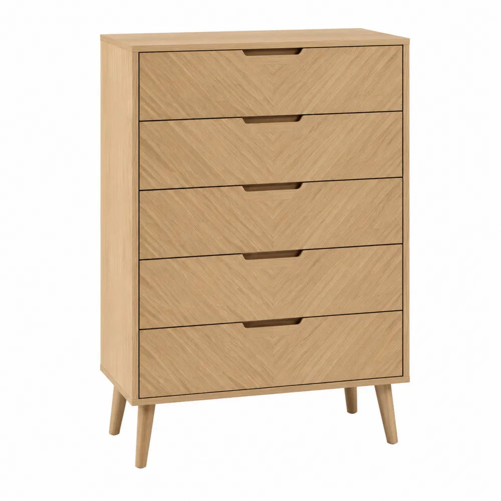 Commode rectangulaire 5 tiroirs en panneaux de particules mélaminés effet chêne clair pieds en bois naturel 80 cm x 40 cm x 105 cm