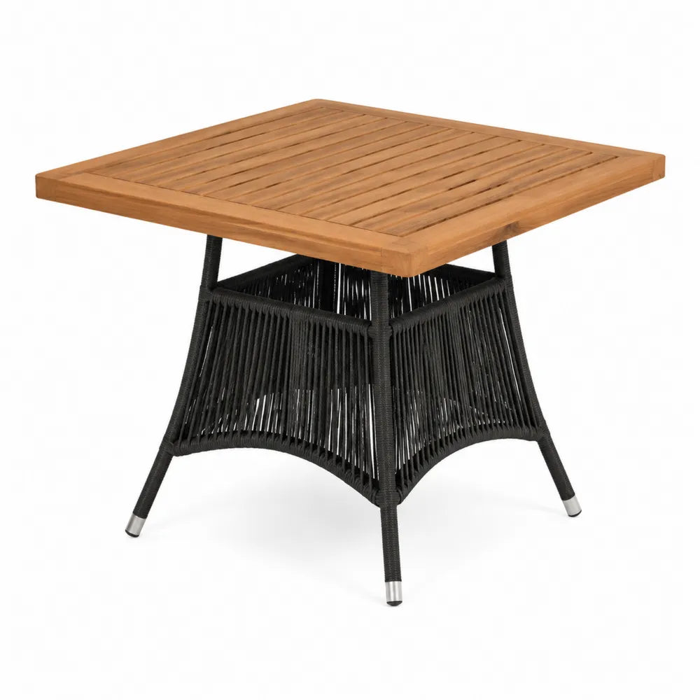 Table de jardin carrée en bois d’acacia massif naturel et acier avec base en corde PE noire 90 cm x 90 cm x 75 cm