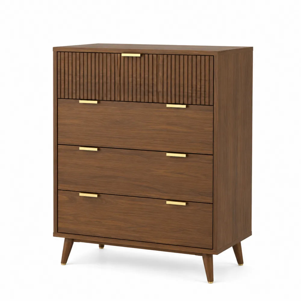 Commode 4 tiroirs 80 x 40 x 105 cm en panneau mélaminé décor noyer brun avec façade rainurée et poignées dorées