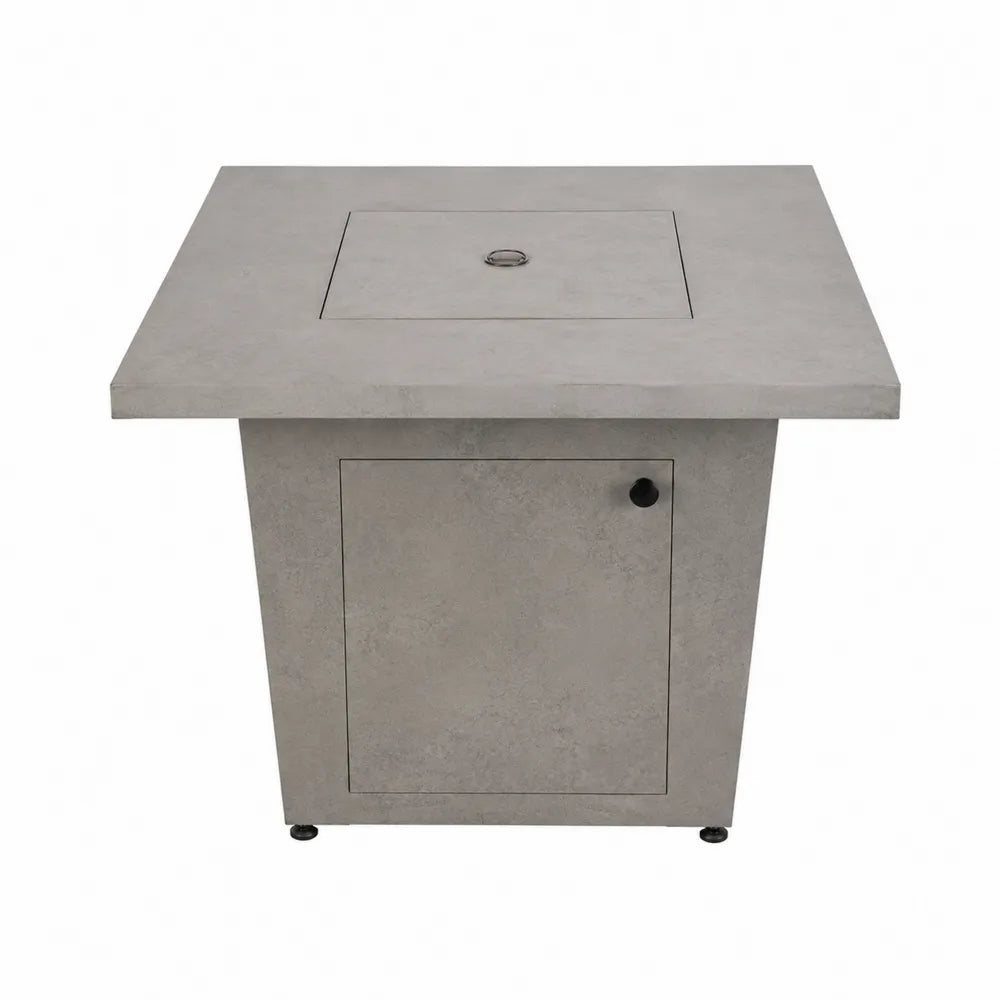 Table brasero extérieure carrée au gaz propane en béton fibré gris avec compartiment bouteille 86 x 86 x 63 cm