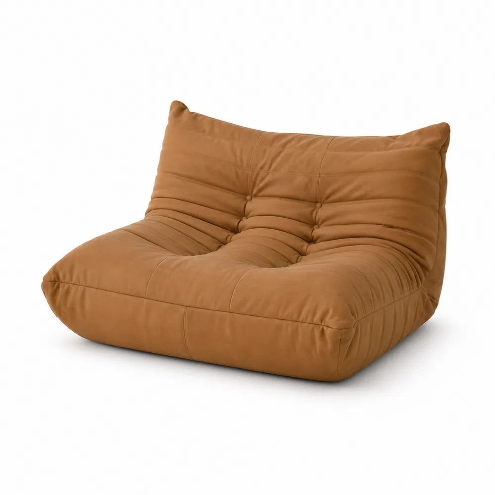 Canapé 2 places bas sans accoudoirs en microfibre polyester marron camel capitonné 150 x 95 x 75 cm