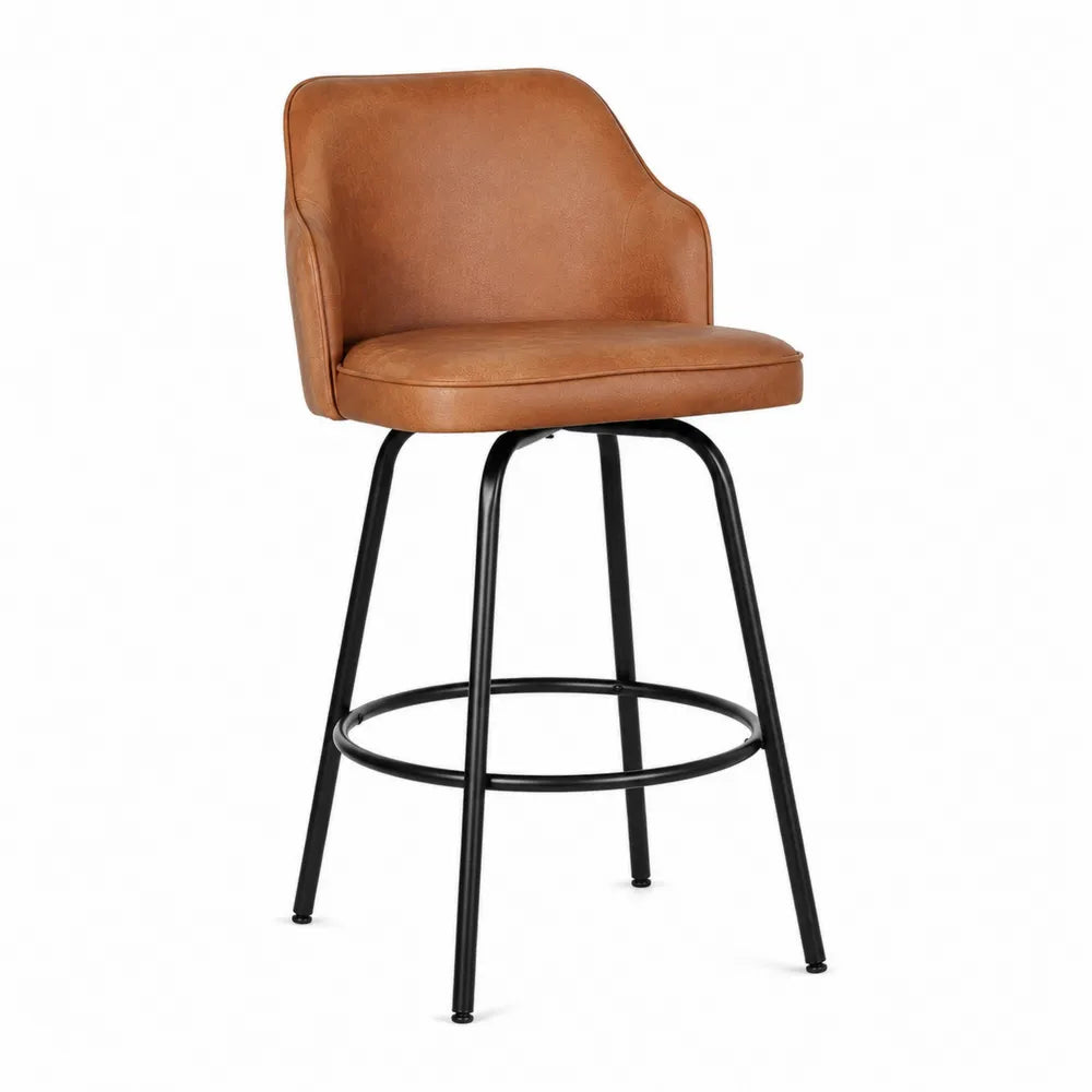 Tabouret de bar avec dossier en PU cognac et structure en acier noir 52 cm x 52 cm x 100 cm