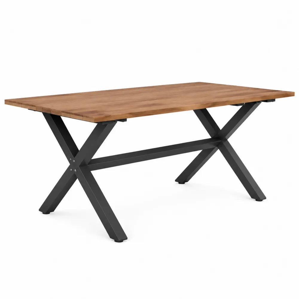 Table de jardin rectangulaire en bois d’acacia massif et acier noir piètement en X 220 cm x 100 cm x 75 cm