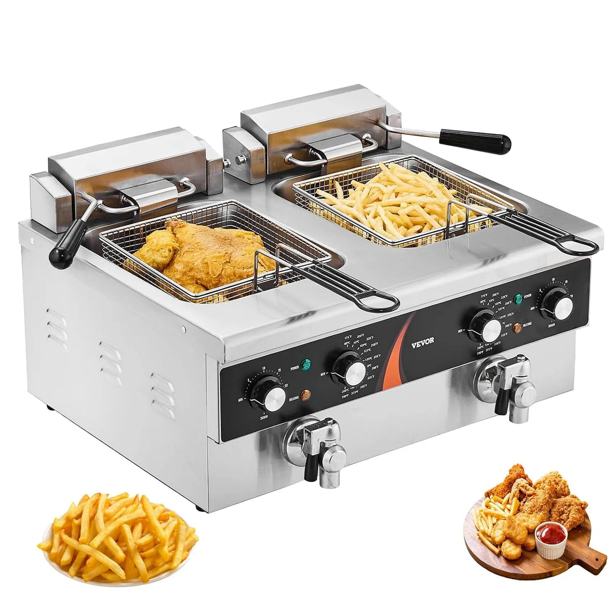 Vevor Friteuse Électrique Commerciale, Friteuse à Huile de Comptoir 3000 W, 2 Cuves en Inox de 8,5 L, avec 2 Paniers à Frire
