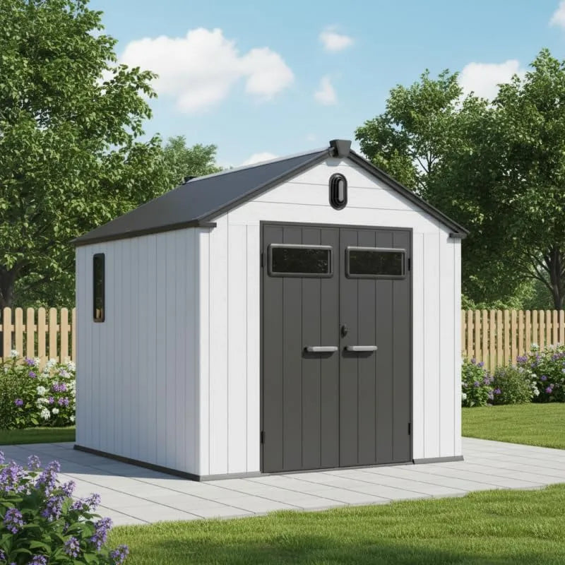 Abri de jardin, Hauteur Faîtage 241,4cm, Plancher Inclus, Double Porte Verrouillable, Résine finition grise 5,47m², Montage Facile