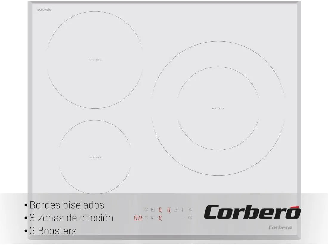 Plaque à induction CCIM3720W Corberó, 3 zones, Puissance 7 200 W Contrôle tactile 3 boosters Grande zone 30 cm Bords biseautés